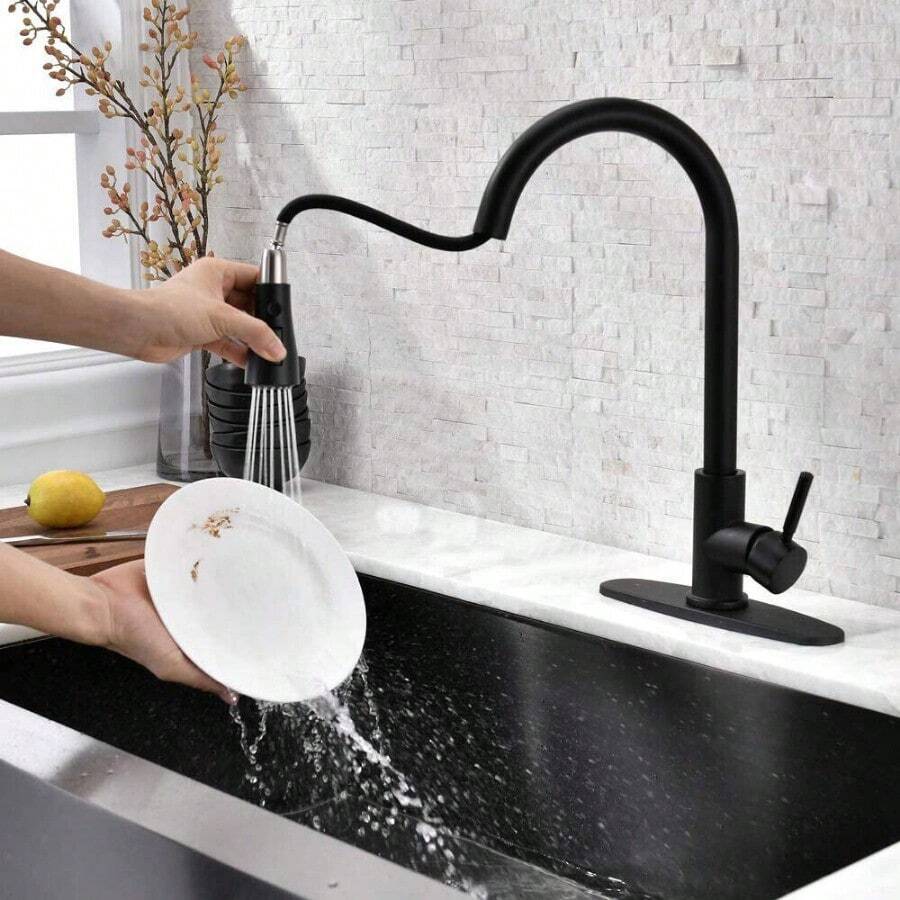 Kitchen Sink Faucet Single Handle Pull Out Sprayer Mixer Taps W/Soap Dispenser - 黑色+皂液器 - 查看 1