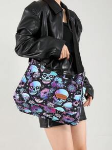 Versatile Skull Shoulder Bag For Women Purse And Handbag, Large Capacity Multi-Pocket Canvas Shoulder Commuter Bag Handbags, Lightweight Casual Tote Shoulder Messenger Bag, Students School Laptop Bags Minimalist Sport Backpack With Multi Compartments & Multi Pockets, Perfectly Matching With Halloween Costumes Women - 彩色 - 查看 4