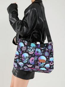 Versatile Skull Shoulder Bag For Women Purse And Handbag, Large Capacity Multi-Pocket Canvas Shoulder Commuter Bag Handbags, Lightweight Casual Tote Shoulder Messenger Bag, Students School Laptop Bags Minimalist Sport Backpack With Multi Compartments & Multi Pockets, Perfectly Matching With Halloween Costumes Women - 彩色 - 查看 6