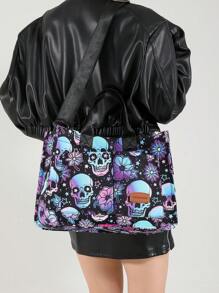 Versatile Skull Shoulder Bag For Women Purse And Handbag, Large Capacity Multi-Pocket Canvas Shoulder Commuter Bag Handbags, Lightweight Casual Tote Shoulder Messenger Bag, Students School Laptop Bags Minimalist Sport Backpack With Multi Compartments & Multi Pockets, Perfectly Matching With Halloween Costumes Women - 彩色 - 查看 3