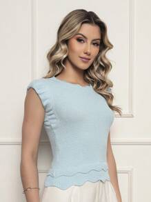 ONLYONE - JAPANESE MODAL SLEEVE CROPPED TOP WITH WAVE DETAIL HEM -  FIMINAS TOPS KNIT TOPS - Light Blue - View 5