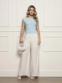 ONLYONE - JAPANESE MODAL SLEEVE CROPPED TOP WITH WAVE DETAIL HEM -  FIMINAS TOPS KNIT TOPS - Light Blue - View 3