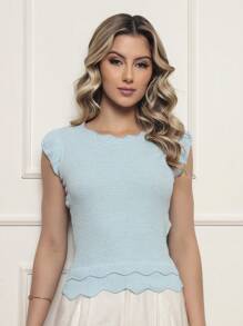 ONLYONE - JAPANESE MODAL SLEEVE CROPPED TOP WITH WAVE DETAIL HEM -  FIMINAS TOPS KNIT TOPS - Light Blue - View 1