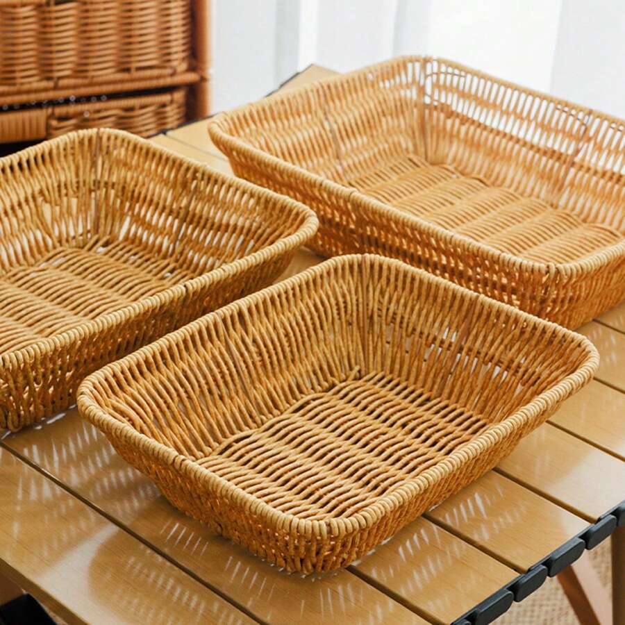 3件/2件/1件手工编织藤条托盘、藤条水果篮和零食盘、储物托盘、薯片碗、炸鸡盘、水果篮、编织浅盘、户外野餐盘、烧烤盘、可重复使用的便携式早餐、饮料、餐桌餐具、农舍装饰和收纳 - 薑色長方形 - 查看 1