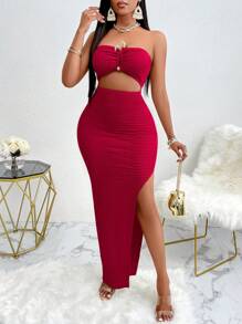 AIJ Amarilo Vacation Sexy Hollow-Out Decor Button Side Split Fitted Maxi Cami Dress - Red - View 3