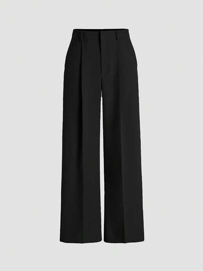 Draped Simple Design Suit Pants, European & American Latest Straight Leg Casual Trousers, All Season Wide-Leg Pants Spring Black, Office Siren Fall