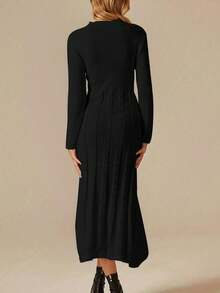 Gaun Sweater Midi Rajut Kabel Leher Tinggi Gaya Hong Kong Sederhana dan Elegan untuk Wanita - Hitam - View 2
