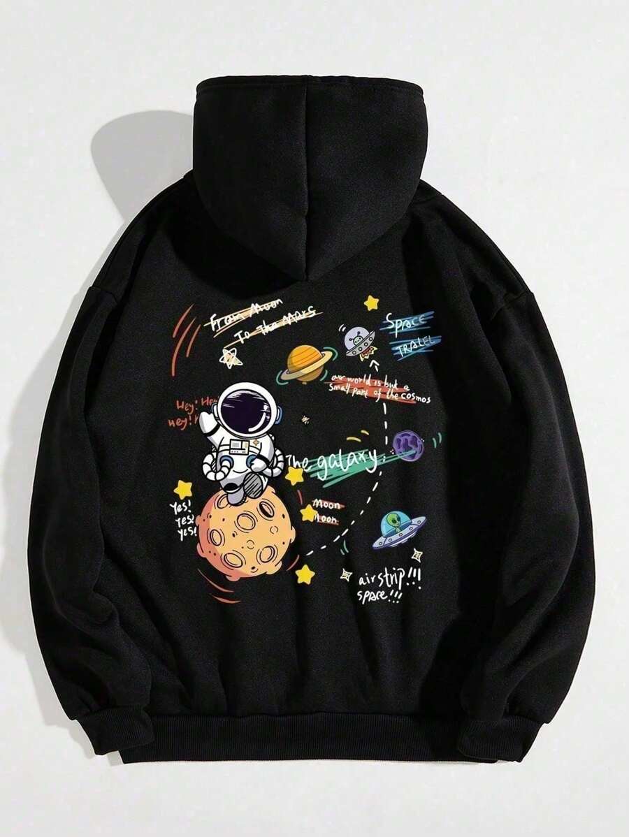 Men's Casual Sweatshirt 100% Cotton Promotion DTF Printed Astronaut On The Moon - 黑色 - 查看 1