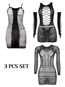 3-Piece Lace And Fishnet Transparent Party Tight Dress With Embellished Lace And Cut-Out Details