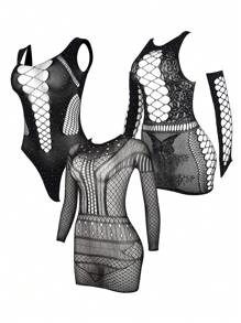 3-Piece Lace And Fishnet Transparent Party Tight Dress With Embellished Lace And Cut-Out Details