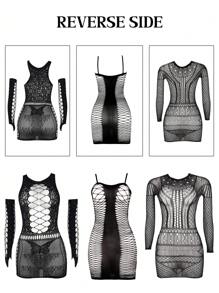 3-Piece Lace And Fishnet Transparent Party Tight Dress With Embellished Lace And Cut-Out Details