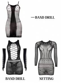 3-Piece Lace And Fishnet Transparent Party Tight Dress With Embellished Lace And Cut-Out Details