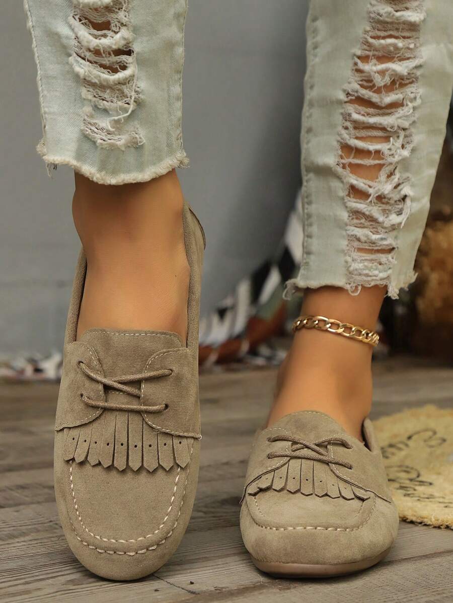 复古流苏系带一脚蹬乐福鞋女式哑光休闲驾车鞋透气船鞋平底牛津鞋，新款春秋英伦风格