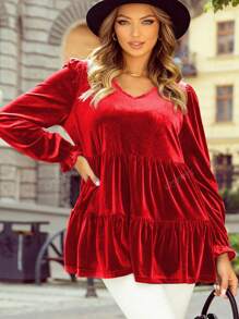 Plus Size Women Elegant Ruffled V-Neck Long Sleeve Top, Fashion For Saint Patrick's Day