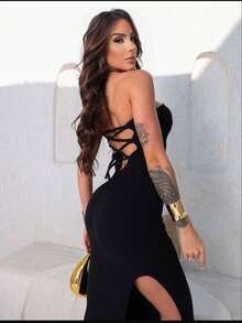 Elegant Midi Dress With Tie Back And Side Slit - màu đen - Xem 1