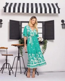 Steve Store Women's Fashion Long Dress Elastic Waist With Lined Removable Band Viscose Fabric One Size - 綠色 - 查看 3