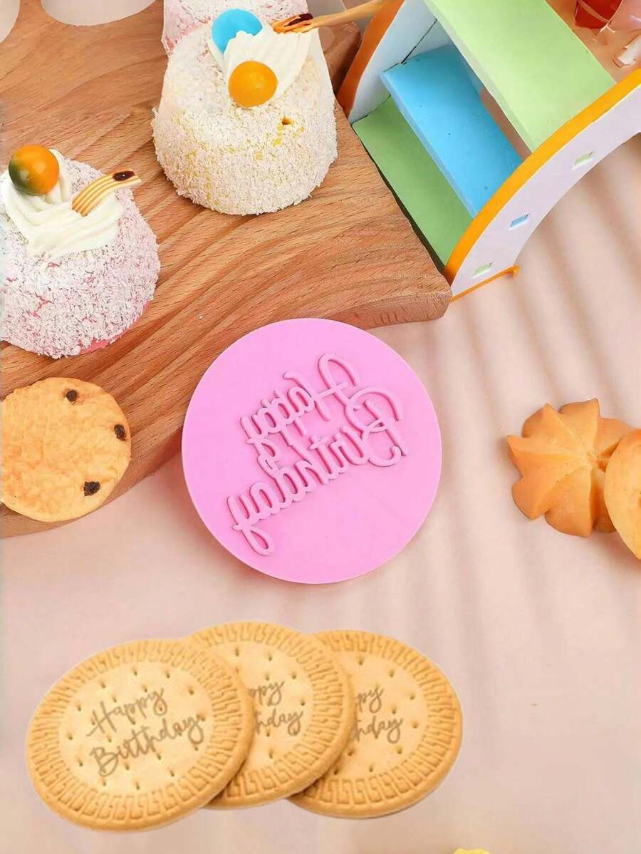 1pc Happy Birthday Embossed Mold,Fondant Embossed Cookie Stamp 3D Design Cookie Mold Happy Birthday Fondant Stamp,Suitable For Baking Cookies,Decorating Cakes/Sugar Paste/Cupcakes,Fondant Frosting Cupcake Biscuit Cake Cookie Stamps For Cookie Cutters - Regular - View 1