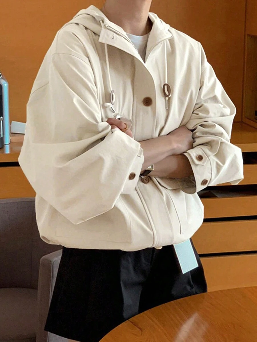Chic Korean Style Autumn New Drawstring Hem Design Utility Pockets Hooded Windbreaker Jacket Coat - Beige - View 1