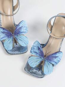 New Fashion High Heels Sandals For Women, Spring/Summer Elegant Butterfly 3D Decor Square Toe Shiny Rhinestone Sexy Open Toe Shoes, Suitable For Outdoor Party, Wedding, Runway