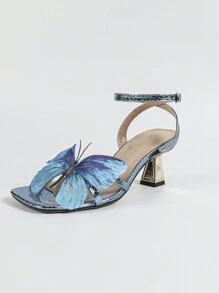 New Fashion High Heels Sandals For Women, Spring/Summer Elegant Butterfly 3D Decor Square Toe Shiny Rhinestone Sexy Open Toe Shoes, Suitable For Outdoor Party, Wedding, Runway
