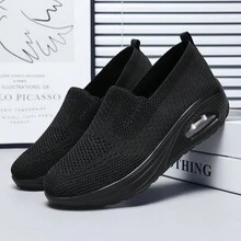 新款潮流休闲运动时尚舒适一脚蹬健身舞鞋，格纹透气针织厚底减震坡跟厚底增高大码跨境女式运动鞋 - 黑色 - 查看 8