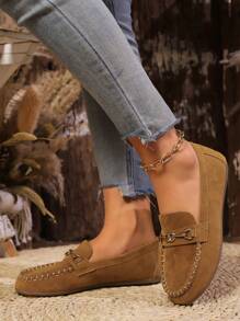 Vintage British Style Casual Flat Women Shoes Slip-On Loafer Flats, Breathable Suede Moccasins For Four Seasons, Driving & Walking