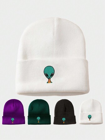 1pc Embroidered Alien Knit Beanie Hat, Outdoor Street Casual Warm Winter Hat, Suitable For Daily Commute