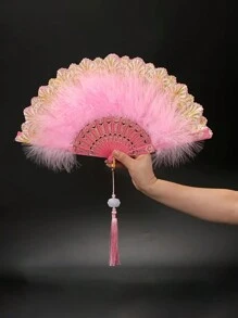 1件羽毛扇，时尚复古精美塑料扇骨羽制作烫金边扇形纯手工可折叠送大号玉莲耳用于演出走秀舞蹈装饰扇 - 彩色 - 查看 11