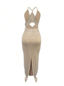 Hollow Out Bodycon Cut-Out Spaghetti Strap Rhinestone Dress, Semi Formal Prom Dress, For Birthday, Wedding Guest, Graduation Homecoming, Party Dress Spring Vacation - Apricot - View 9