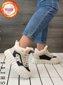 女士白色休闲鞋、运动鞋、2024冬季新款加绒保暖、户外厚底增高、时尚百搭度假风、学生户外徒步滑板鞋、平底厚底运动鞋、雪地靴、女鞋 - 黑色 - 查看 9