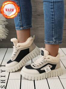 女士白色休闲鞋、运动鞋、2024冬季新款加绒保暖、户外厚底增高、时尚百搭度假风、学生户外徒步滑板鞋、平底厚底运动鞋、雪地靴、女鞋 - 黑色 - 查看 7