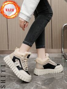 女士白色休闲鞋、运动鞋、2024冬季新款加绒保暖、户外厚底增高、时尚百搭度假风、学生户外徒步滑板鞋、平底厚底运动鞋、雪地靴、女鞋 - 黑色 - 查看 11