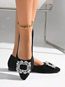 Pointed-Toe Flat Women's Shoes, Recommended To Order 0.5 Size Larger Due To Toe Cramping, Ladies Shiny Rhinestone Buckle Pointed & Round Toe Flats - Lightweight & Comfortable, Versatile For All Seasons, Elegant & Charming, Sparkling Rhinestone Decoration, Classic And Timeless - Black - View 5