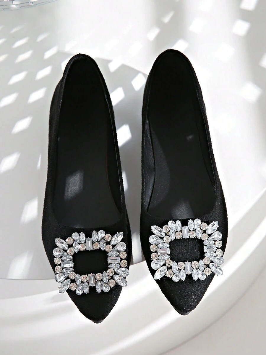 Pointed-Toe Flat Women's Shoes, Recommended To Order 0.5 Size Larger Due To Toe Cramping, Ladies Shiny Rhinestone Buckle Pointed & Round Toe Flats - Lightweight & Comfortable, Versatile For All Seasons, Elegant & Charming, Sparkling Rhinestone Decoration, Classic And Timeless