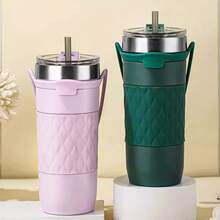 1 件装新款双层不锈钢车载杯，大容量硅胶盖真空隔热便携式随行杯带吸管 - 彩色 - 查看 1