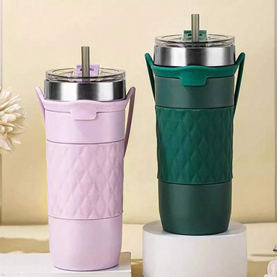 1 件装新款双层不锈钢车载杯，大容量硅胶盖真空隔热便携式随行杯带吸管 - 彩色 - 查看 1