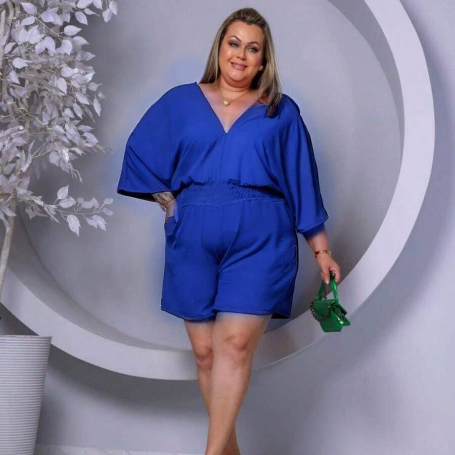 Women's Plus Size Batwing Jumpsuit With Waistband And Pockets - 寶藍色 - 查看 1