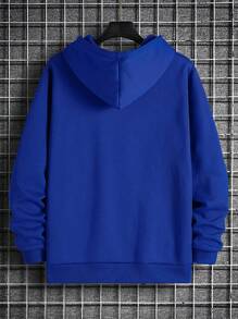 Men's Text Print Drawstring Hooded Sweatshirt, For Fall Winter, Long Sleeve Top - Blue - View 5