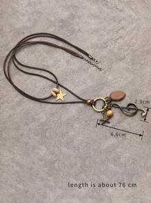 1pc Multi-Layer Brown Wax Rope Vintage Round Disc Five-Pointed Star Wood Bead Pendant Necklace With Big Hollow Leaf & Money Tree Charm, Antique Bronze Key & Note Pendant Necklace, Fashion Long Necklace, Great Gift For Mom & Girlfriend