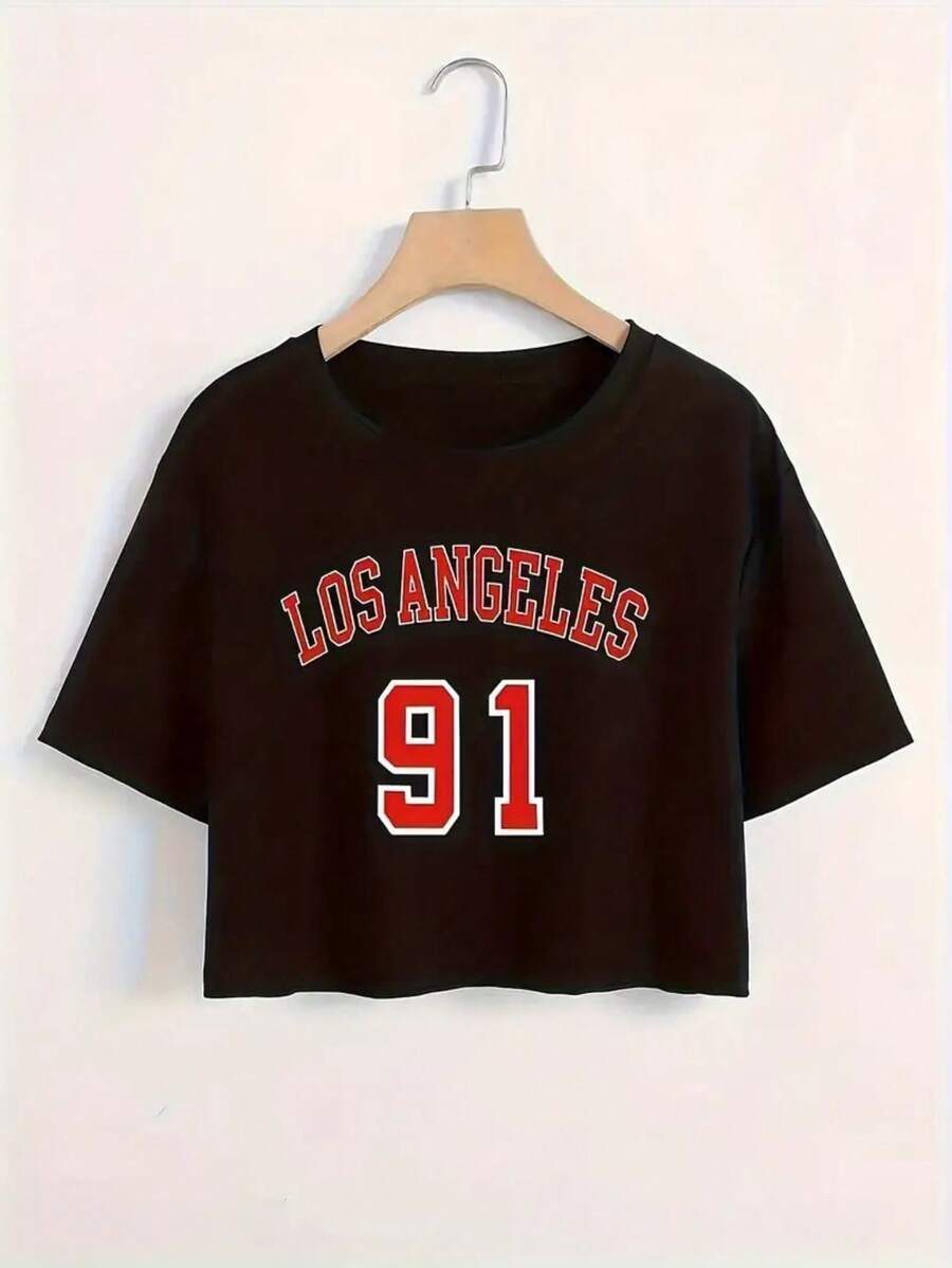 Los Angeles Women's Cropped Top Number 91 Casual 100% Cotton Premium Line - màu đen - Xem 1