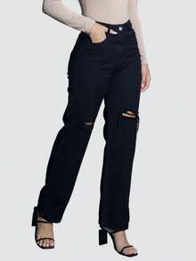 Women's Wide Leg Ripped Jeans Various Colors Butt Lifting Wide Leg Current Fashion On 100% Denim Thick Fabric Casual Style High Waist Premium Blogger - 黑色 - 查看 1