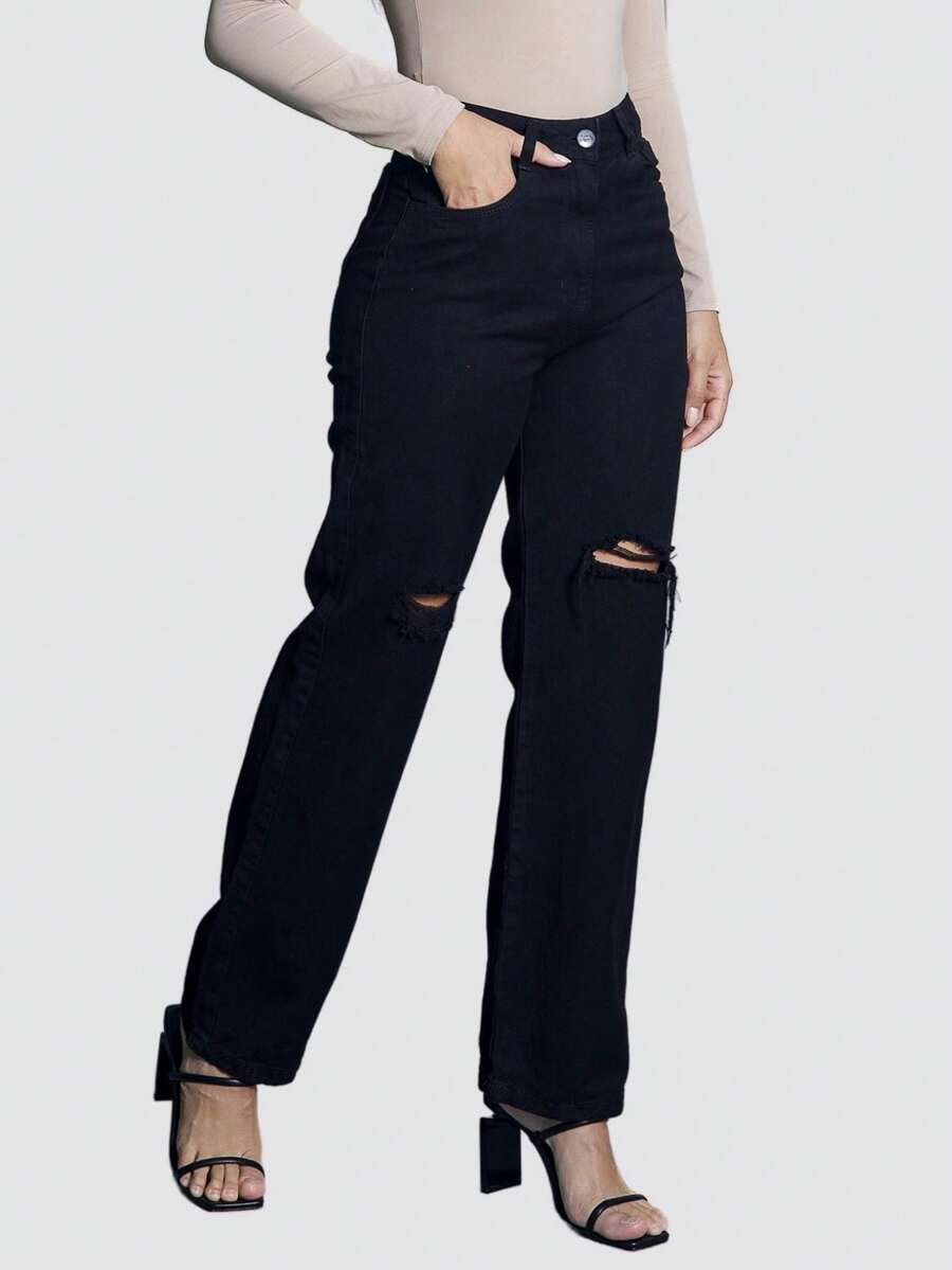 Women's Wide Leg Ripped Jeans Various Colors Butt Lifting Wide Leg Current Fashion On 100% Denim Thick Fabric Casual Style High Waist Premium Blogger - 黑色 - 查看 1