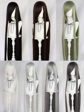 46 pouces/120 cm Perruque universelle extra longue aux cheveux lisses et soyeux avec une longue frange. Perruque confortable et élégante, polyvalente pour le cosplay d'anime. Avec frange inclinée, couleurs naturelles, résistante à la chaleur, perruque synthétique noire, brune, verte, blanche, blanc argenté, gris argenté, grise, cheveux artificiels