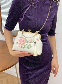Embroidered Women's Handbag, Chinese Style Tote Shoulder Messenger Bag With Pearl Chain, Cheongsam Style Cross-Border Bag