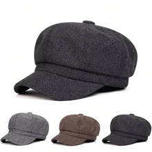 1pc Men's Herringbone Octagonal Hat, Plaid Beret Hat, Street Style, Versatile, Suitable For Autumn/Winter Outdoor, Business And Party, Warm