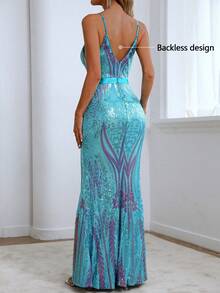 Elegancka damska sukienka z cekinami i dekoltem w serek, typu spaghetti, syrenka, na wieczorne przyjęcie