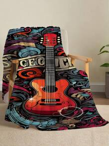 1pc Retro Guitar Digital Printed Flannel Blanket, Soft Warm & Lightweight Flannel Throw Blanket For Couch, Bed, Gift