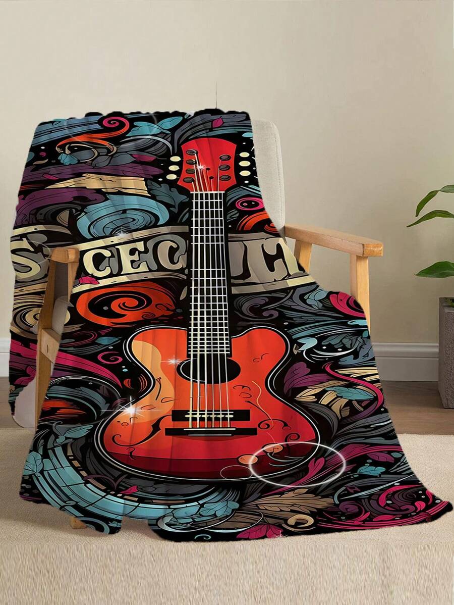 1pc Retro Guitar Digital Printed Flannel Blanket, Soft Warm & Lightweight Flannel Throw Blanket For Couch, Bed, Gift
