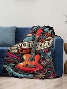 1pc Retro Guitar Digital Printed Flannel Blanket, Soft Warm & Lightweight Flannel Throw Blanket For Couch, Bed, Gift