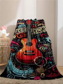 1pc Retro Guitar Digital Printed Flannel Blanket, Soft Warm & Lightweight Flannel Throw Blanket For Couch, Bed, Gift